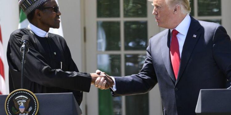 President Trump and Nigerian President Muhammadu Buhari hold a joint news conference in the Rose Garden of the White House on Monday.